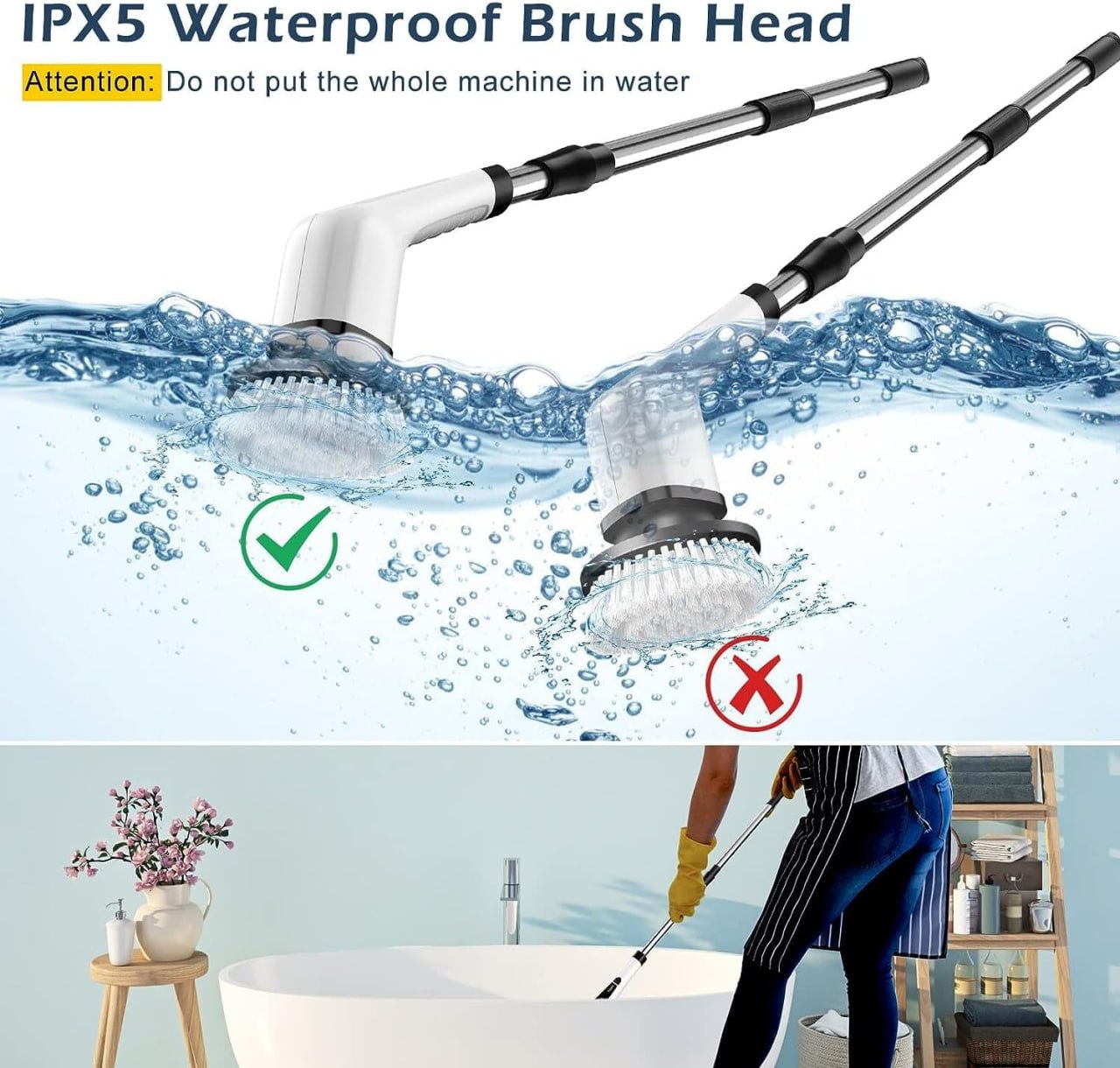 IPX7 Waterproof with 7 Reusable Brush Heads & Extendable Handle, for Bathroom Toilet Shower Kitchen Wall Tile Floor Grout