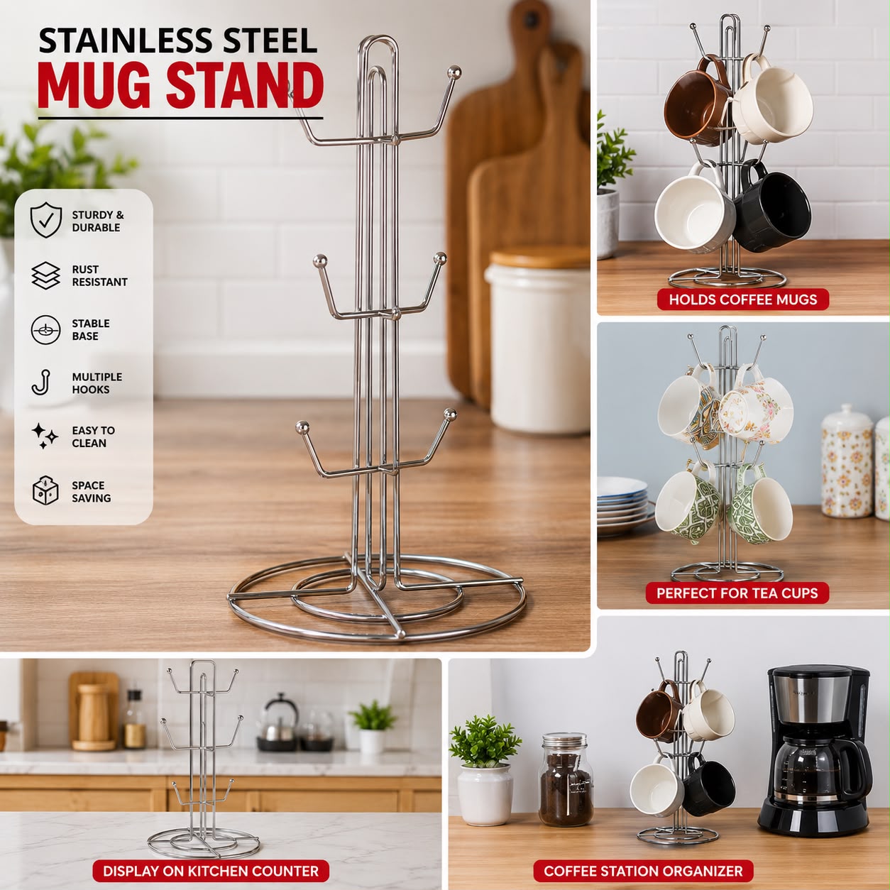 STAINLESS STEEL MUG STAND
* Holds up to 6 mugs neatly.
* Strong, rust-resistant stainless steel.
* Saves kitchen counter space.
* Stable base and easy to clean.
* Perfect for home