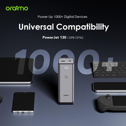 Oraimo PowerJet 130 Power Bank – 27600mAh Ultra Capacity, 130W Type-C Fast Charging, Smart Digital Display, Multi-Device Charging, Portable Design – 1 Year Warranty
