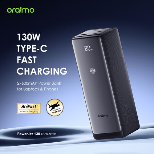 Oraimo PowerJet 130 Power Bank – 27600mAh Ultra Capacity, 130W Type-C Fast Charging, Smart Digital Display, Multi-Device Charging, Portable Design – 1 Year Warranty