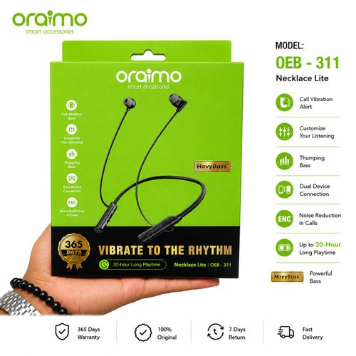 Oraimo Necklace Lite Wireless Neckband Earphones – Bluetooth 5.3, Deep Bass, Long Battery Life, Lightweight Flexible Design, Sweat Resistant – 1 Year Warranty