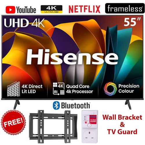 Hisense 55A6 55 Inch 4K UHD Smart TV, Frameless 55 Inch TV, Hisense 55A6 4K TV, Bluetooth Smart TV, UHD Television, 4K Frameless TV, Free Wall Bracket, TV Guard