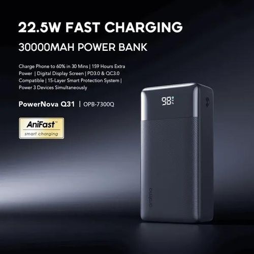 Oraimo PowerNova Q31 Power Bank – 30000mAh Ultra Capacity, 22.5W Fast Charging, Dual Output Ports, Smart Digital Display, Portable Design – 1 Year Warranty