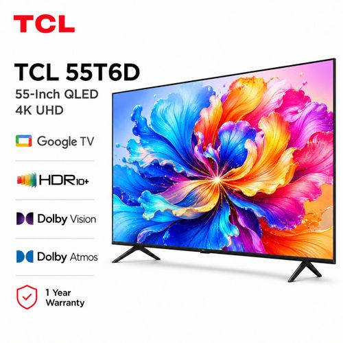 TCL 55T6D 55 Inch Premium QLED Smart Google TV 2026 Model – 4K UHD HDR Display, Dolby Vision & Dolby Atmos, Wi-Fi & Bluetooth, Frameless Slim Design, Streaming Apps – 1 Year Warranty