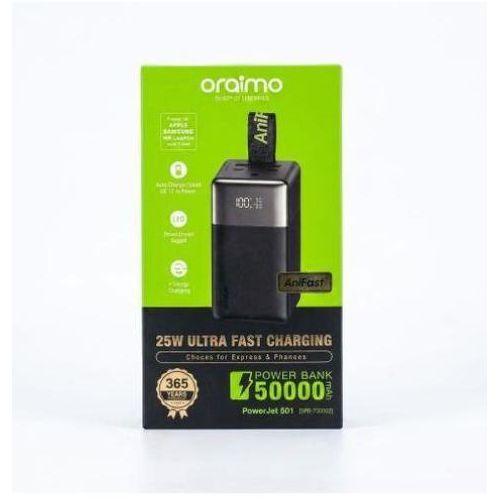Oraimo PowerJet 501 Power Bank – 50000mAh Ultra Capacity, 22.5W Fast Charging, Smart Digital Display, Multi-Device Charging, Portable Design – 1 Year Warranty