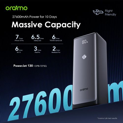 Oraimo PowerJet 130 Power Bank – 27600mAh Ultra Capacity, 130W Type-C Fast Charging, Smart Digital Display, Multi-Device Charging, Portable Design – 1 Year Warranty