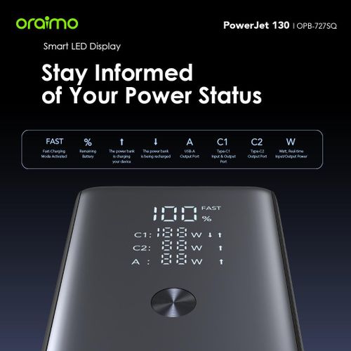 Oraimo PowerJet 130 Power Bank – 27600mAh Ultra Capacity, 130W Type-C Fast Charging, Smart Digital Display, Multi-Device Charging, Portable Design – 1 Year Warranty