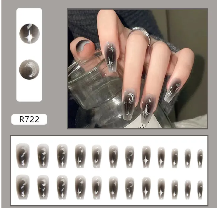 24pcs set quality nails reusable sticker nails press-on french nail patch high sense silver moon and stars armor jelly sticker cosmetic accessories nail art stick on nails