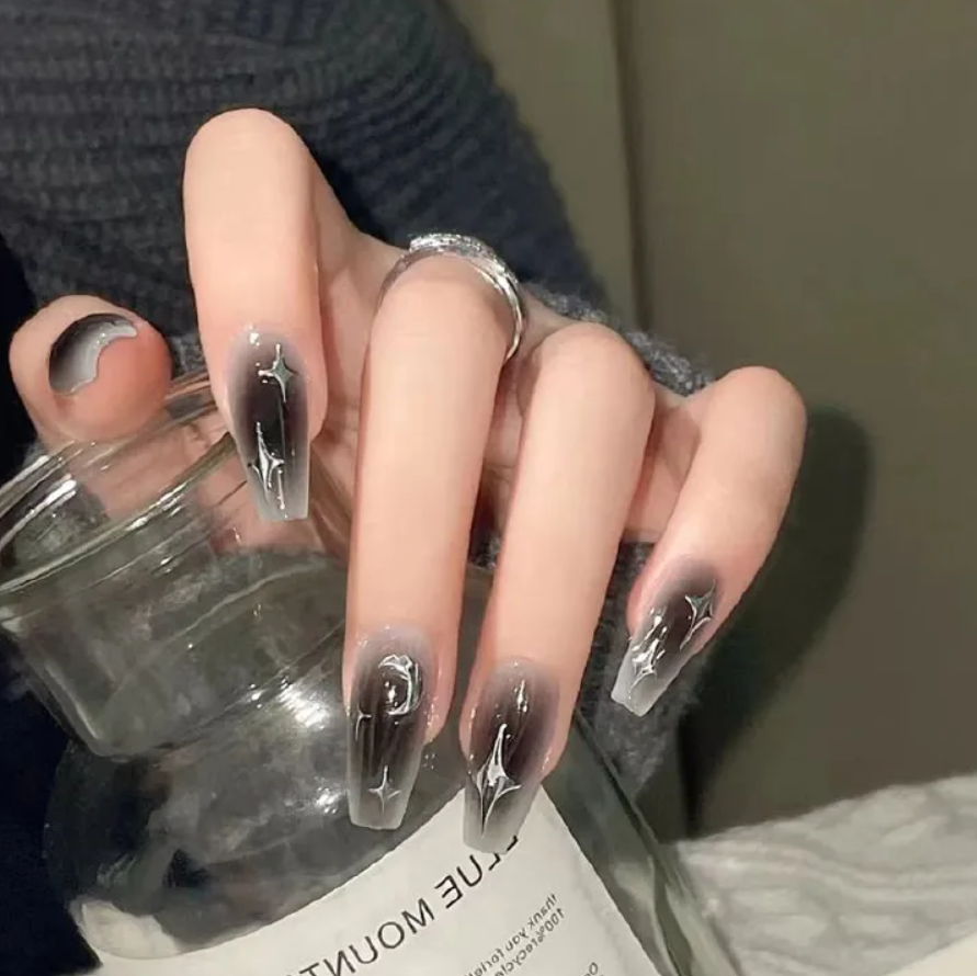 24pcs set quality nails reusable sticker nails press-on french nail patch high sense silver moon and stars armor jelly sticker cosmetic accessories nail art stick on nails view 2