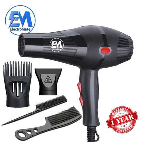 EM Blow Dryer Hair Blower 2200W hair dryer professional with 3 Speed & 2 Temperature Settings – Includes 2 Styling Nozzle & 2 Comb Attachments for Versatile Hair Styling ElectroMate HD04