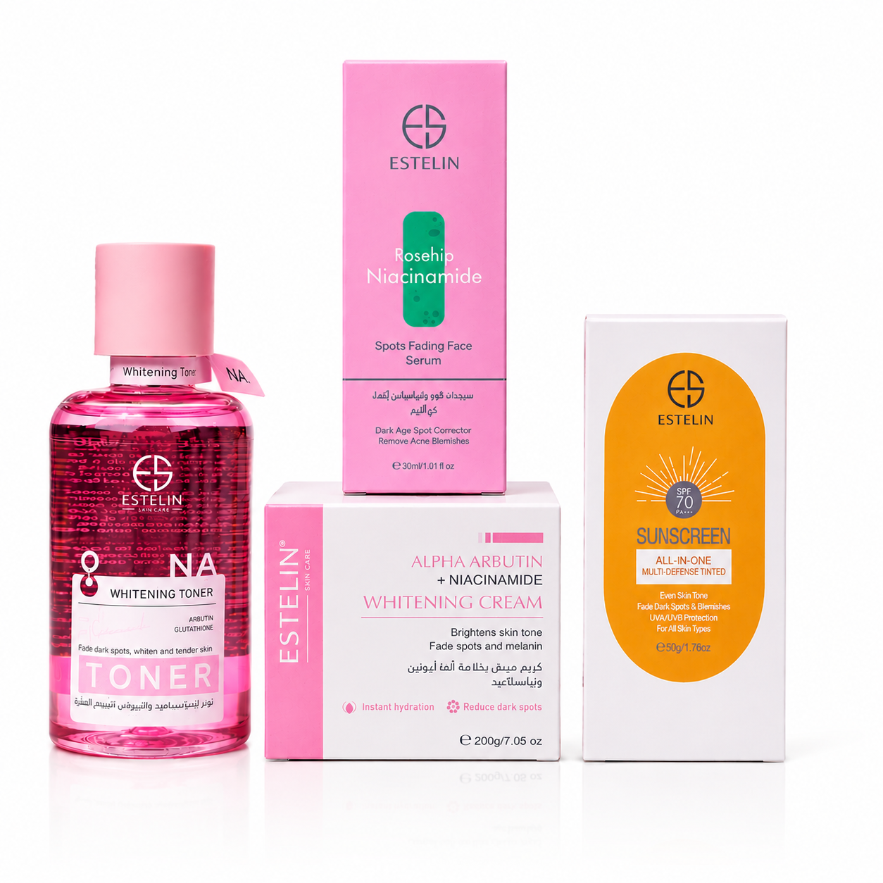 Estelin Complete Dark Spot Fading Skincare Set – Niacinamide, Alpha Arbutin & SPF 70 – 4Pcs
