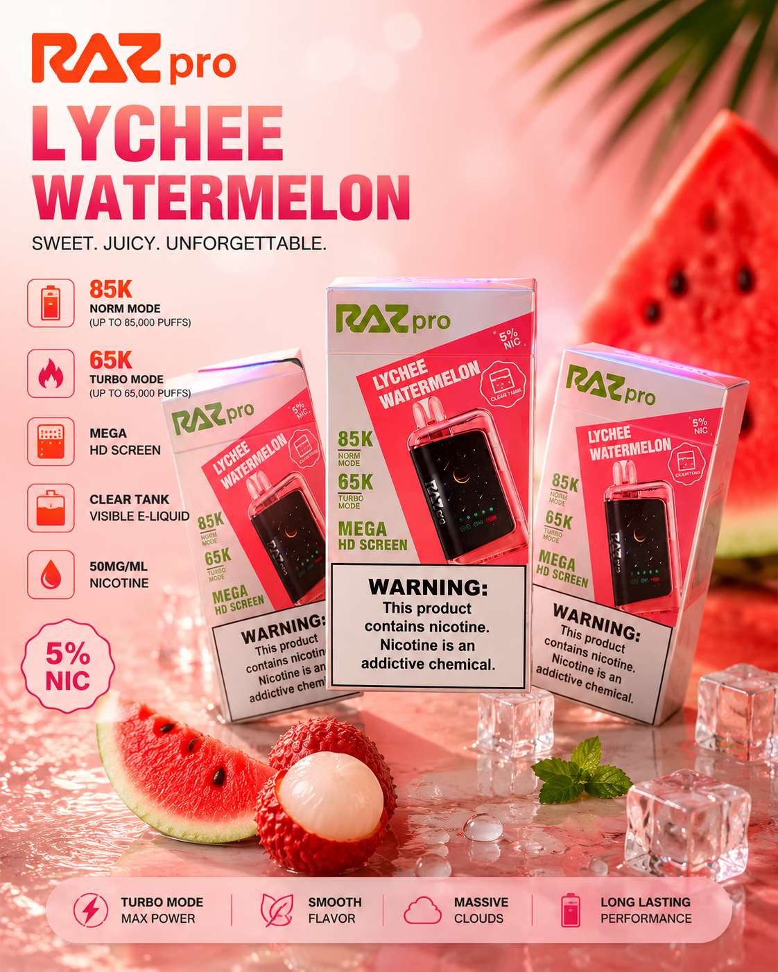 RAZ Pro 85K Disposable Vape – Lychee Watermelon, 5% Nicotine, Mega HD Screen, Rechargeable