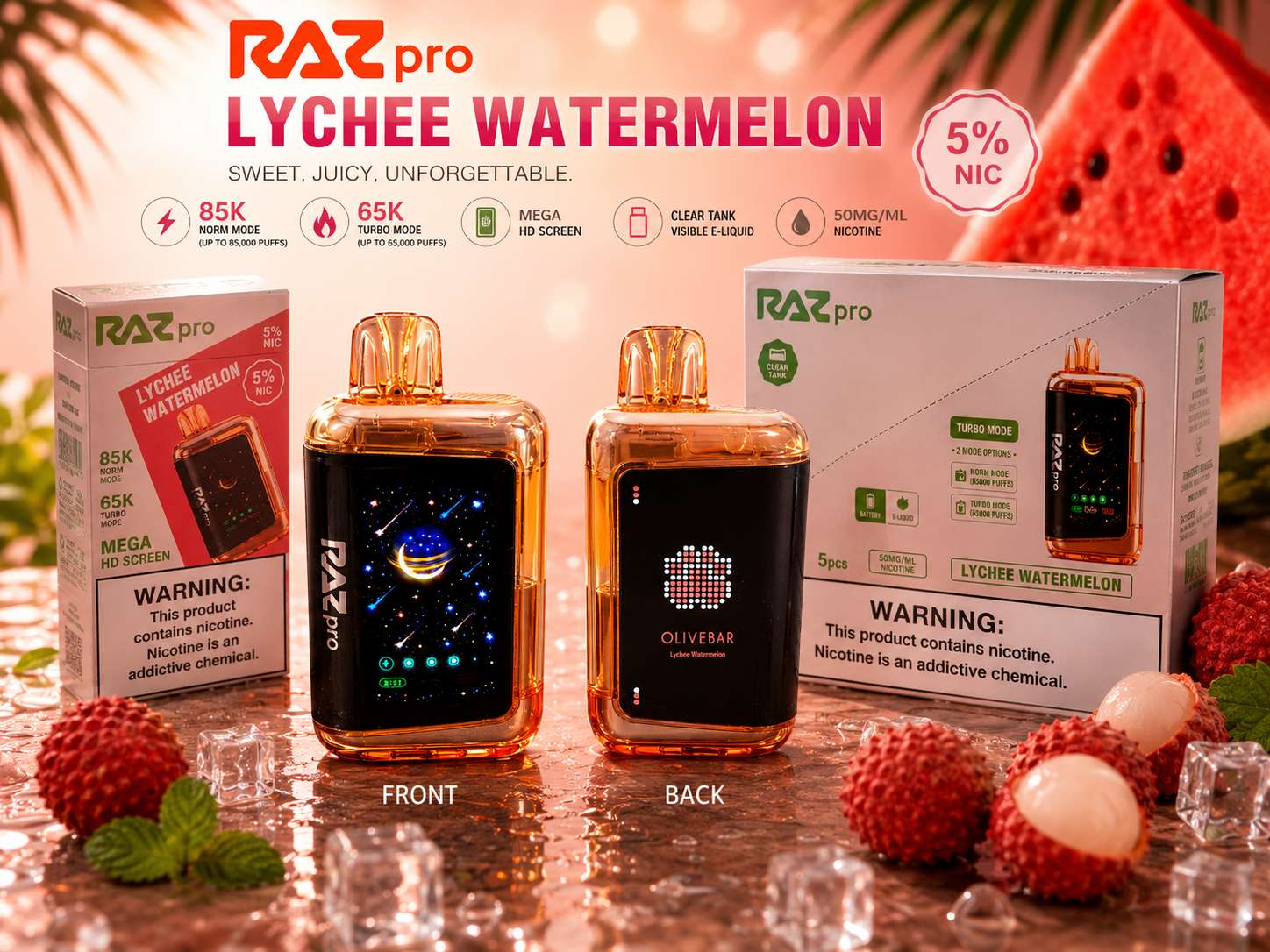 RAZ Pro 85K Disposable Vape – Lychee Watermelon, 5% Nicotine, Mega HD Screen, Rechargeable
