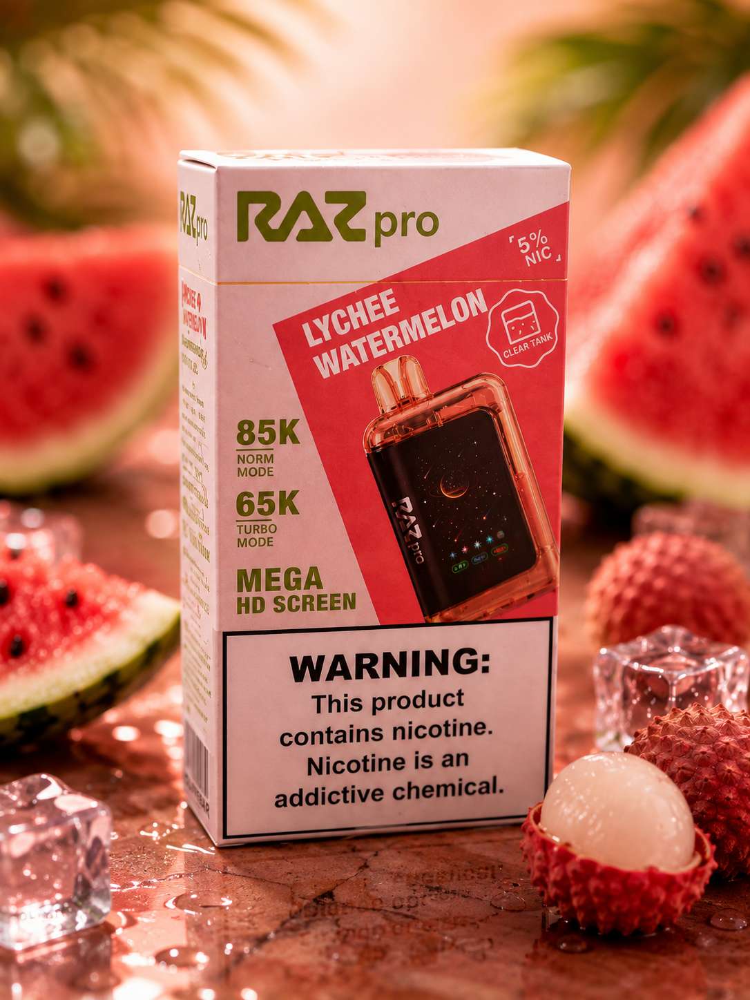 RAZ Pro 85K Disposable Vape – Lychee Watermelon, 5% Nicotine, Mega HD Screen, Rechargeable