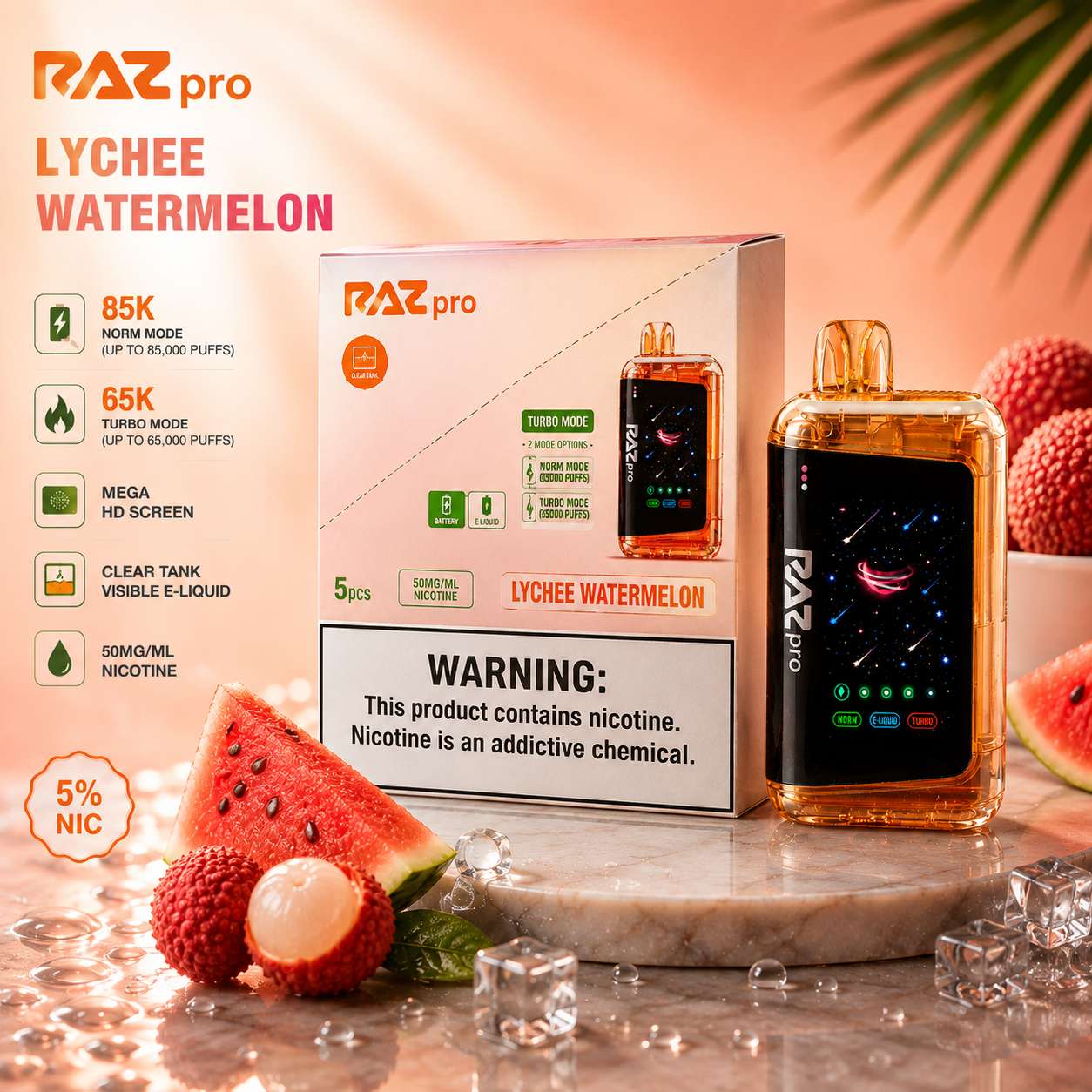RAZ Pro 85K Disposable Vape – Lychee Watermelon, 5% Nicotine, Mega HD Screen, Rechargeable
