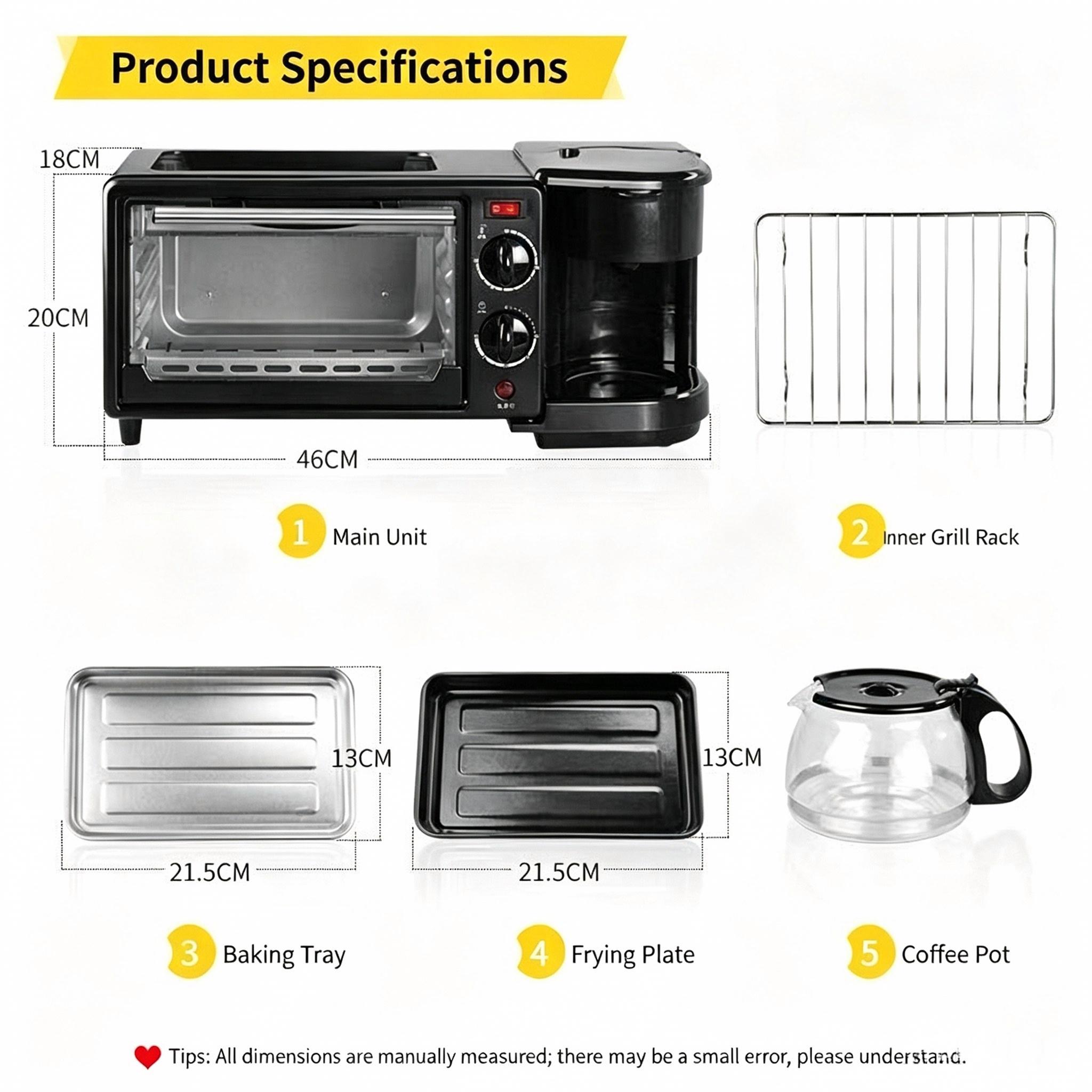 3‑in‑1 Multifunctional Household Breakfast Machine, Mini Toaster Oven with Coffee Maker & Frying Pan, AC110‑220V
