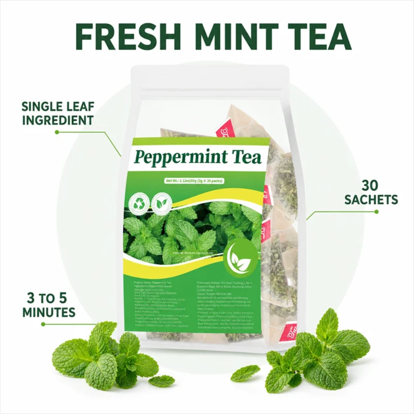 Pure Peppermint Herbal Tea (30 Tea Bags, 60g) – Natural Remedy for Gas, Bloating, Stomach Relief & Fresh Breath (Caffeine-Free)