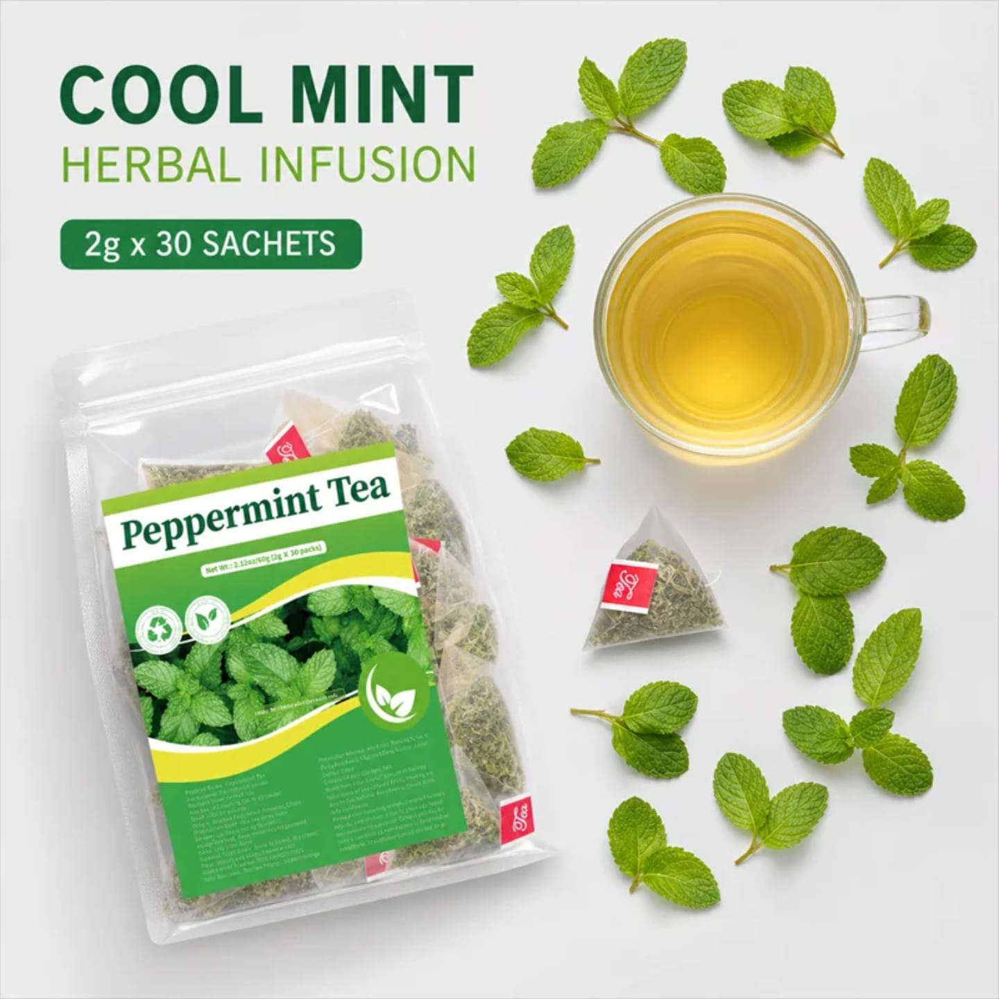 Pure Peppermint Herbal Tea (30 Tea Bags, 60g) – Natural Remedy for Gas, Bloating, Stomach Relief & Fresh Breath (Caffeine-Free)