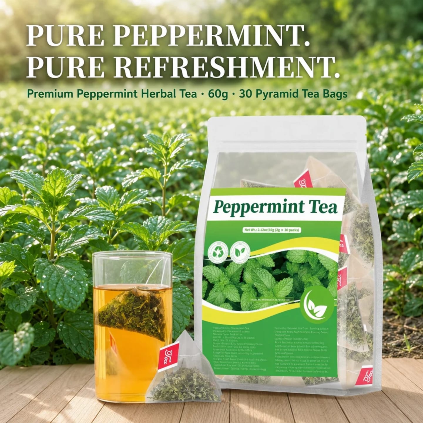 Pure Peppermint Herbal Tea (30 Tea Bags, 60g) – Natural Remedy for Gas, Bloating, Stomach Relief & Fresh Breath (Caffeine-Free)