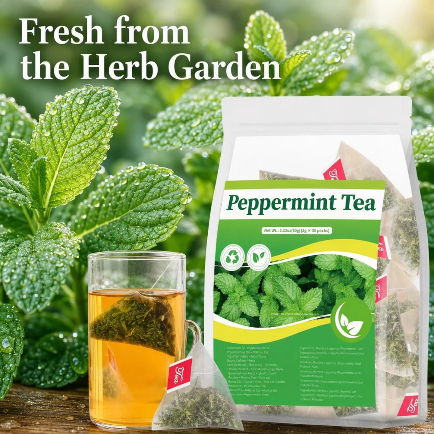 Pure Peppermint Herbal Tea (30 Tea Bags, 60g) – Natural Remedy for Gas, Bloating, Stomach Relief & Fresh Breath (Caffeine-Free)