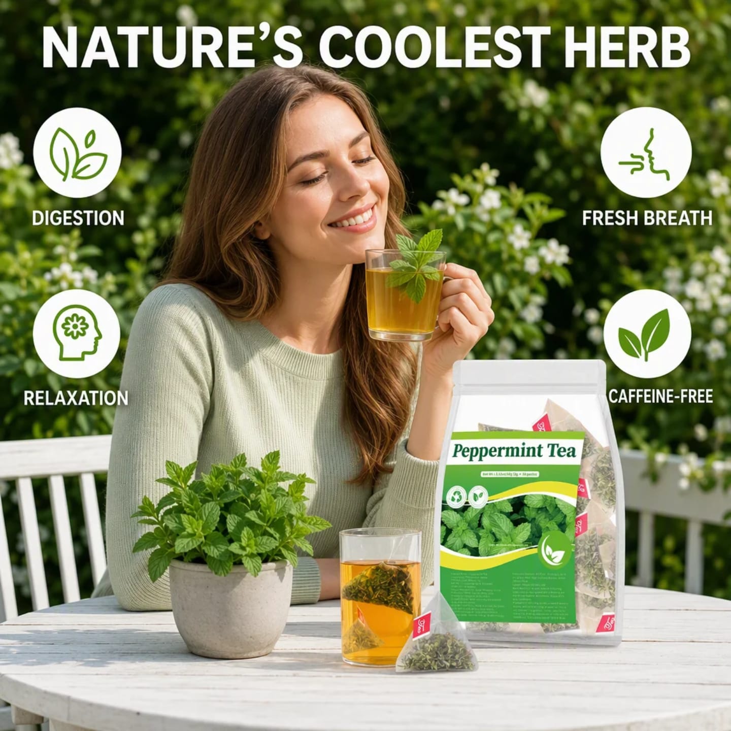 Pure Peppermint Herbal Tea (30 Tea Bags, 60g) – Natural Remedy for Gas, Bloating, Stomach Relief & Fresh Breath (Caffeine-Free)