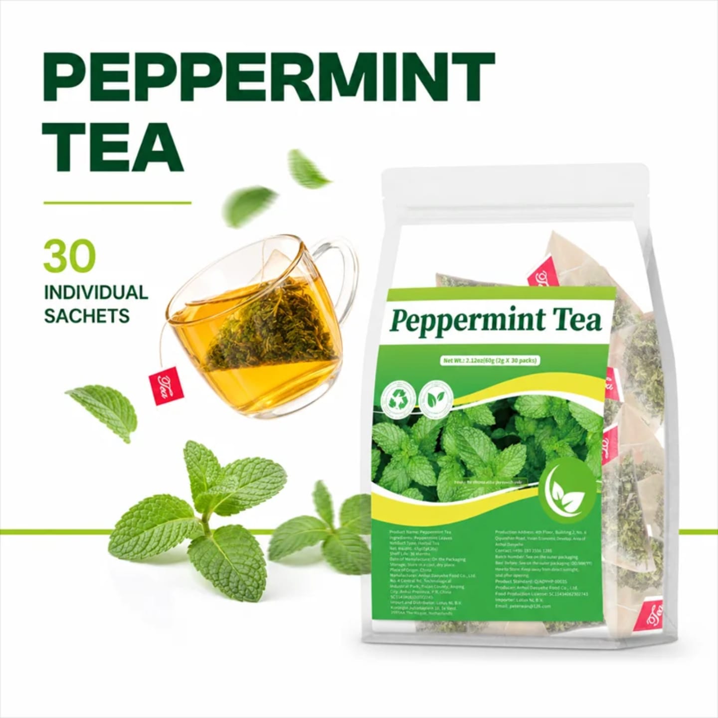 Pure Peppermint Herbal Tea (30 Tea Bags, 60g) – Natural Remedy for Gas, Bloating, Stomach Relief & Fresh Breath (Caffeine-Free)