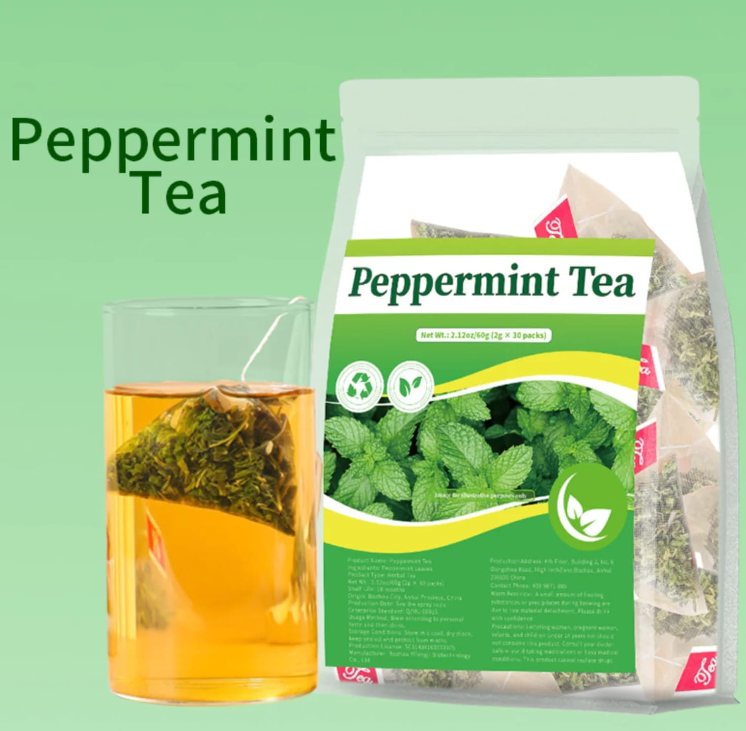 Pure Peppermint Herbal Tea (30 Tea Bags, 60g) – Natural Remedy for Gas, Bloating, Stomach Relief & Fresh Breath (Caffeine-Free)