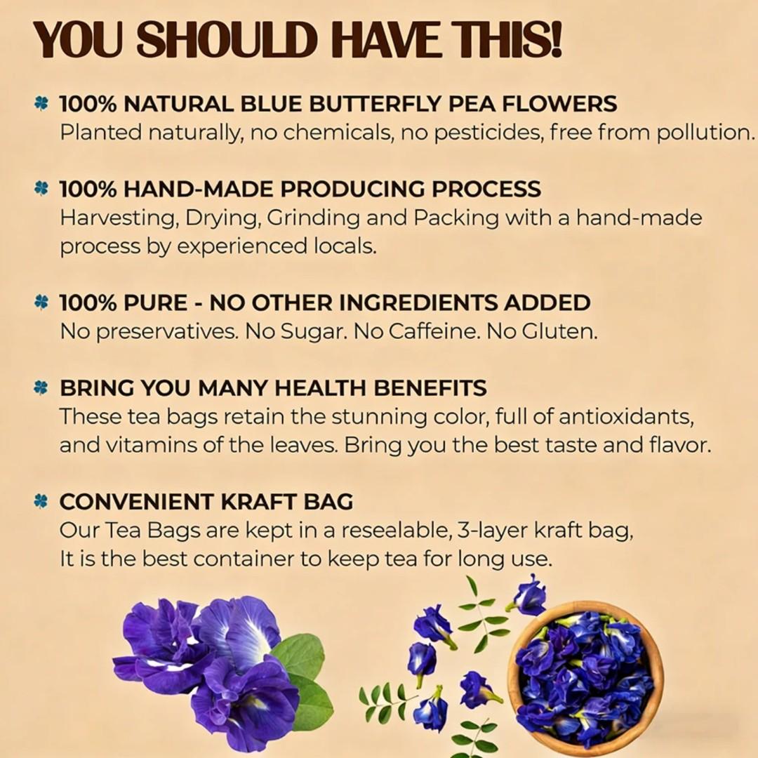 PREMIUM BUTTERFLY PEA FLOWER TEA – MAGIC BLUE DRINK, ANTI-AGING & HAIR GROWTH SUPPORT (30 TEA BAGS)