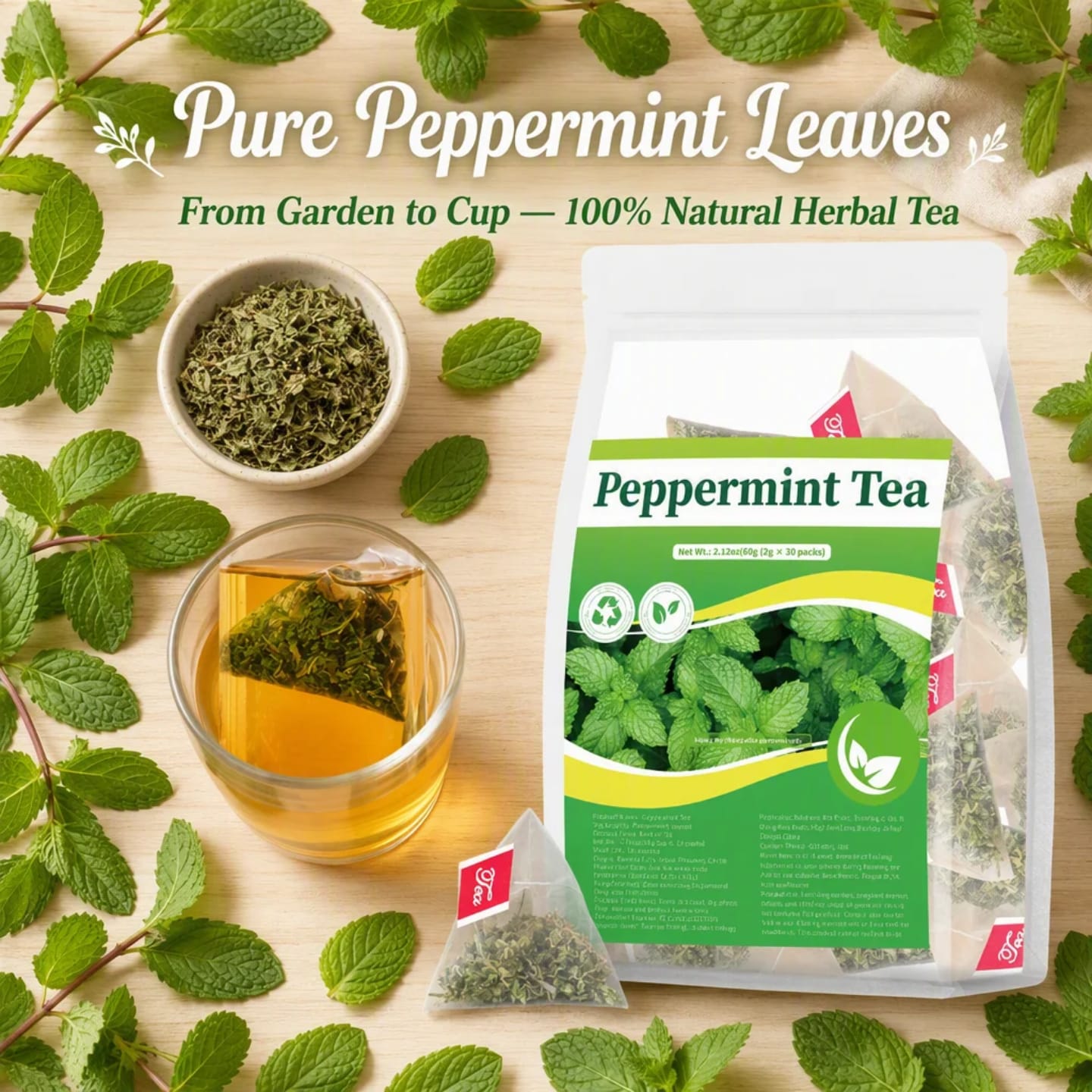 Pure Peppermint Herbal Tea (30 Tea Bags, 60g) – Natural Remedy for Gas, Bloating, Stomach Relief & Fresh Breath (Caffeine-Free)