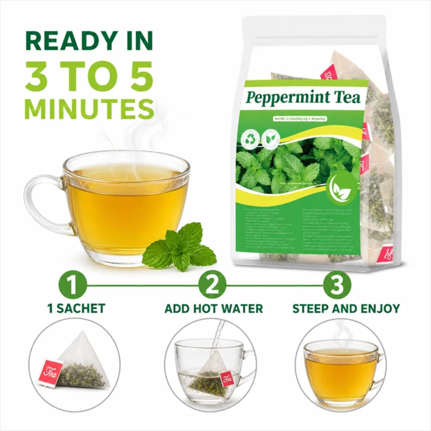 Pure Peppermint Herbal Tea (30 Tea Bags, 60g) – Natural Remedy for Gas, Bloating, Stomach Relief & Fresh Breath (Caffeine-Free)