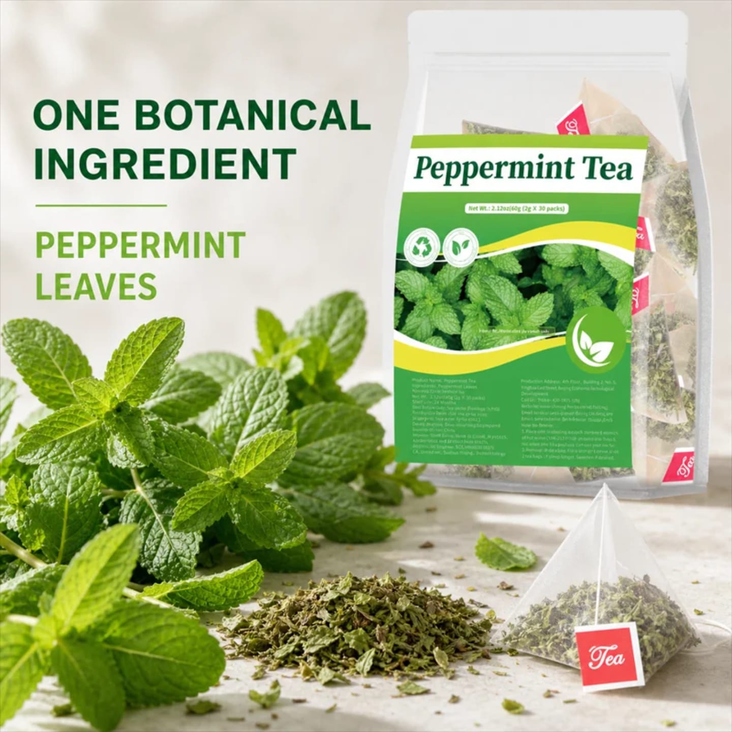 Pure Peppermint Herbal Tea (30 Tea Bags, 60g) – Natural Remedy for Gas, Bloating, Stomach Relief & Fresh Breath (Caffeine-Free)