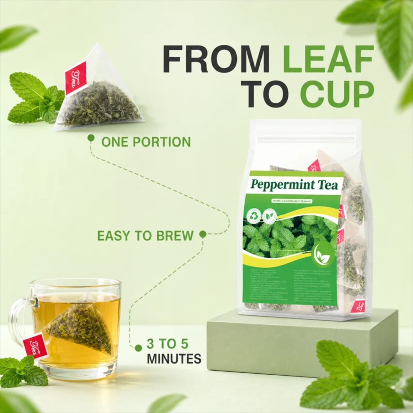 Pure Peppermint Herbal Tea (30 Tea Bags, 60g) – Natural Remedy for Gas, Bloating, Stomach Relief & Fresh Breath (Caffeine-Free)