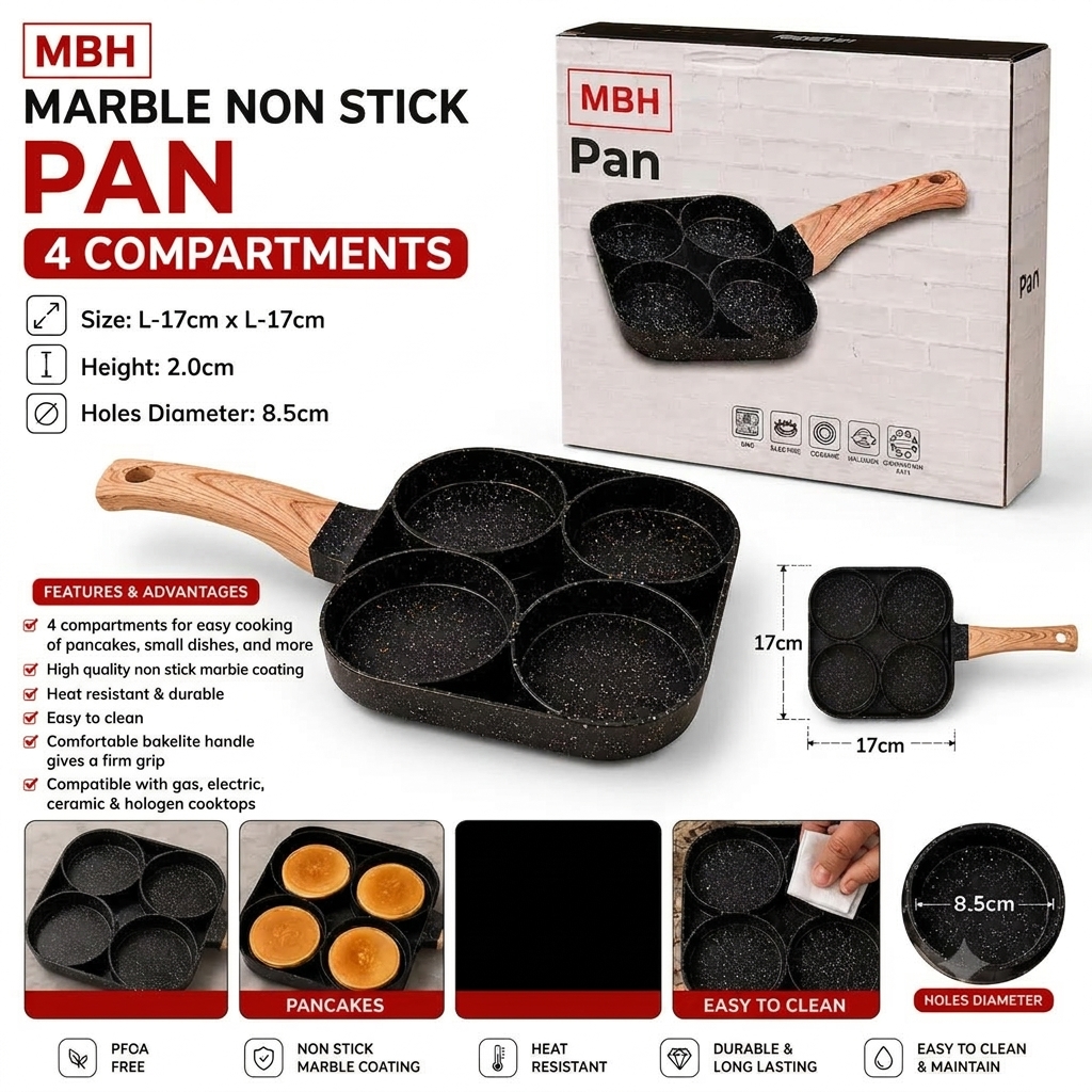 MBH Marble Non Stick Pancake Pan 4 Compartments 17×17cm Egg Frying Pan