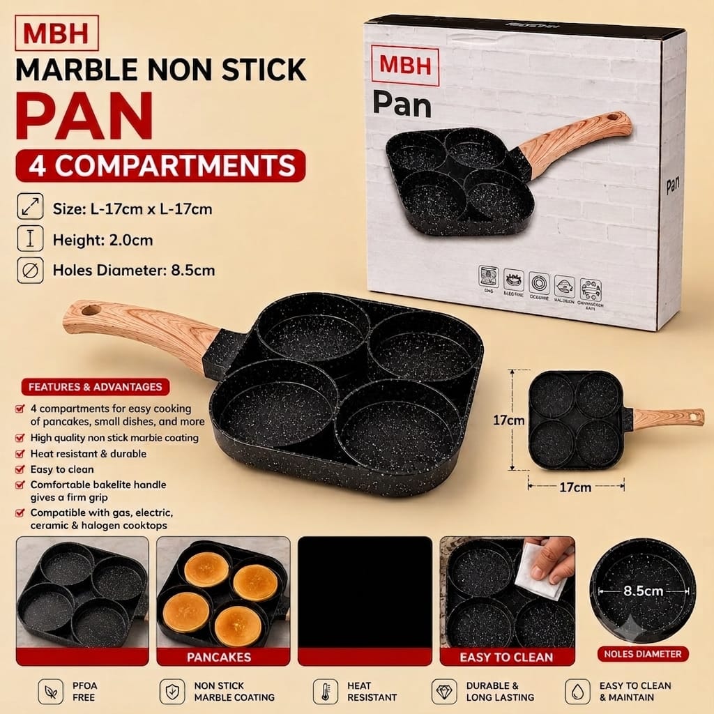 MBH Marble Non Stick Pancake Pan 4 Compartments 17×17cm Egg Frying Pan