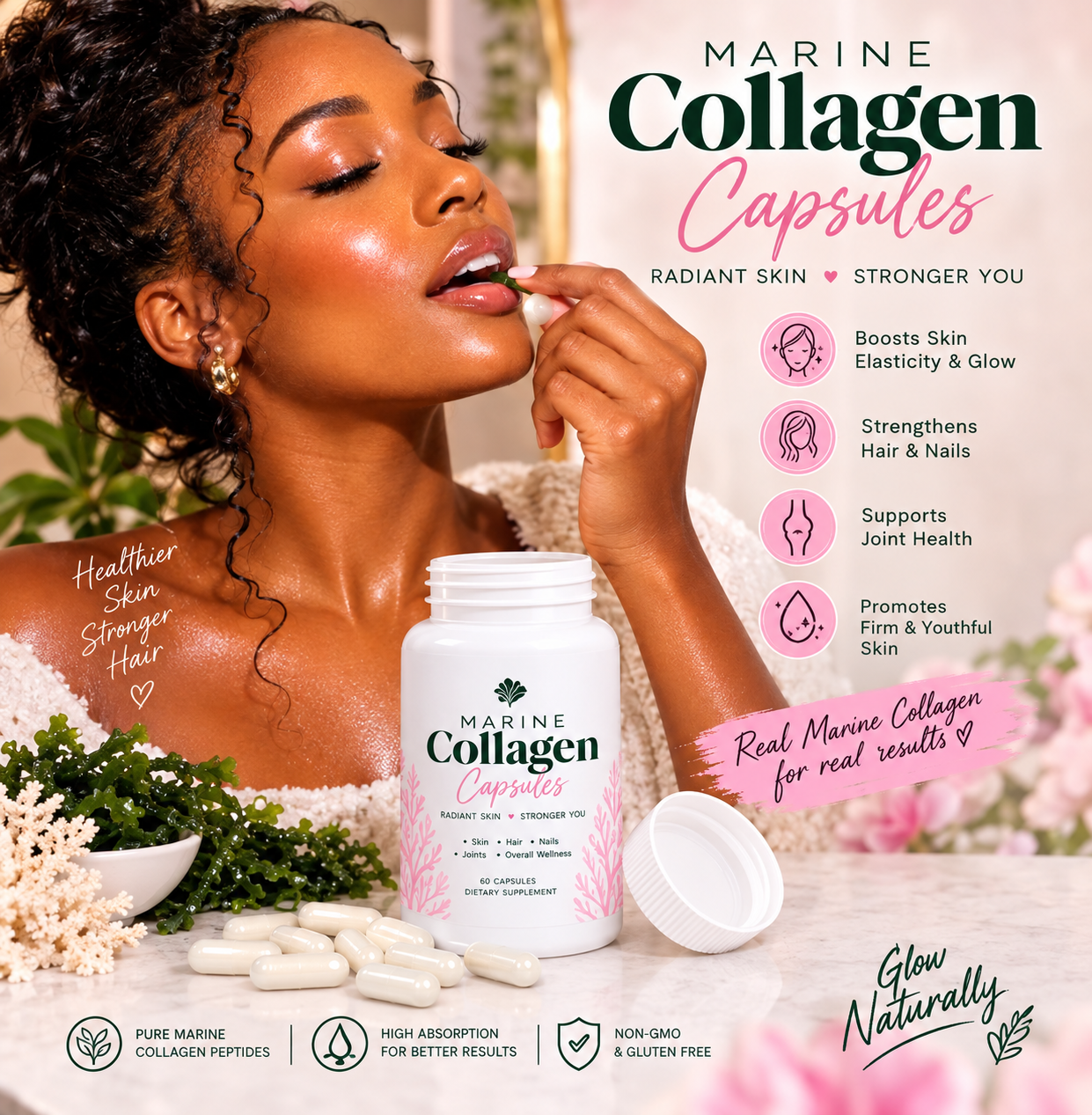 Collagen capsules (Marine collagen+seamoss) for immune boost and glowing skin.