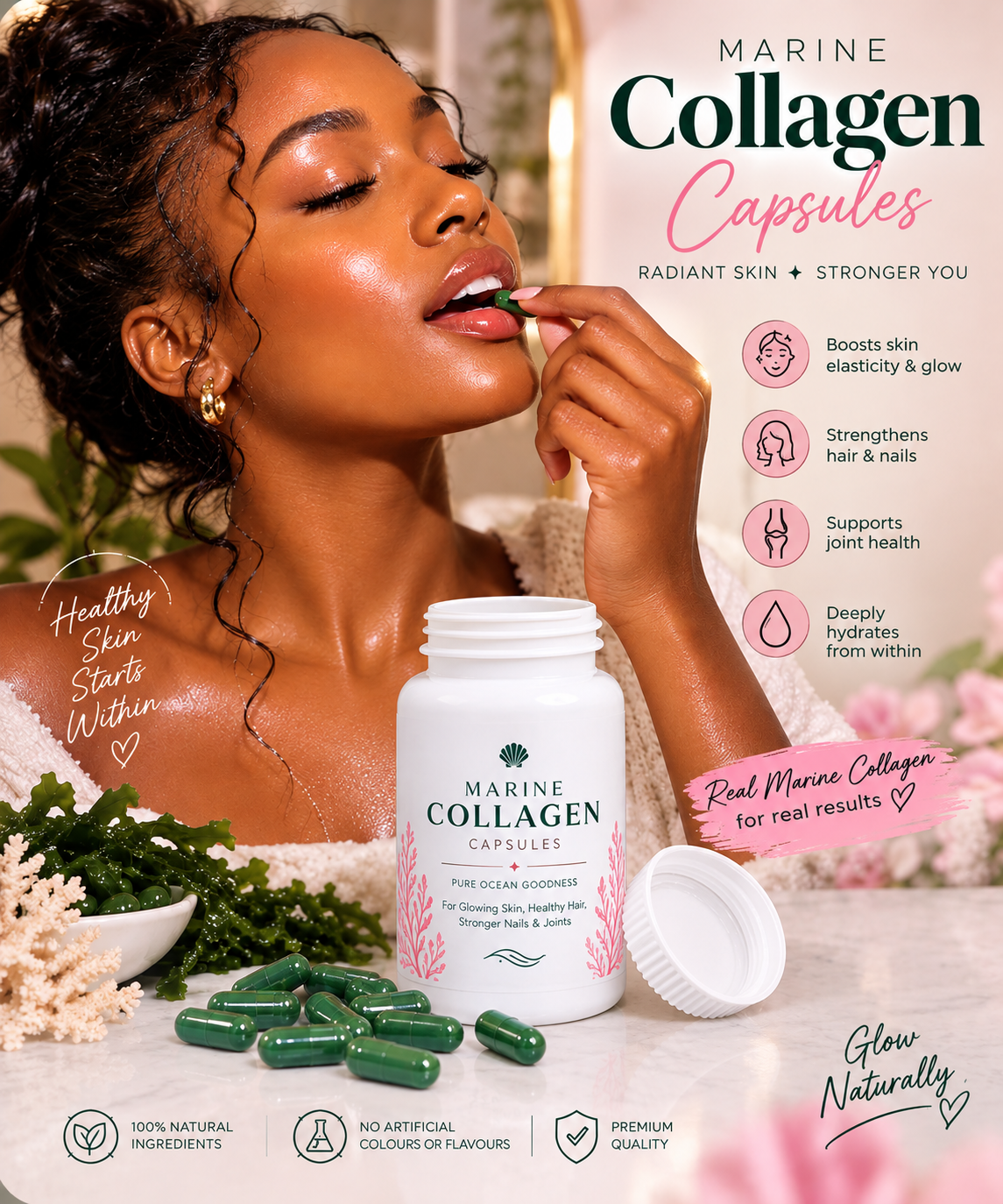 Collagen capsules (Marine collagen+seamoss) for immune boost and glowing skin.