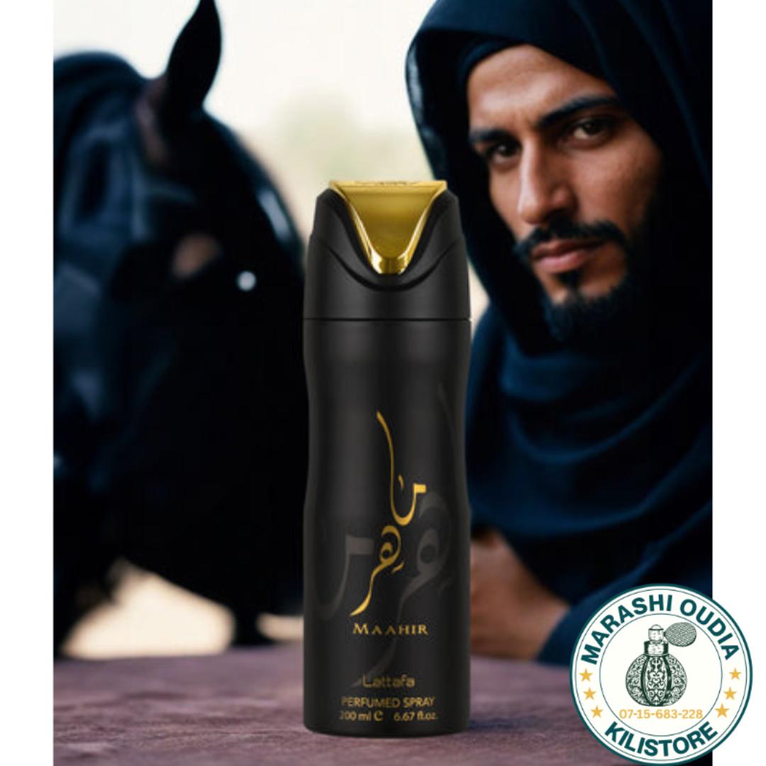 Maahir Black Body Spray. For Men. Body Deodorant Spray. Strong as a Horse. 10hrs Long Lasting. Clothes. Gift. Smoky Saffron Masculine Cologne Scent. Marashi Oudia