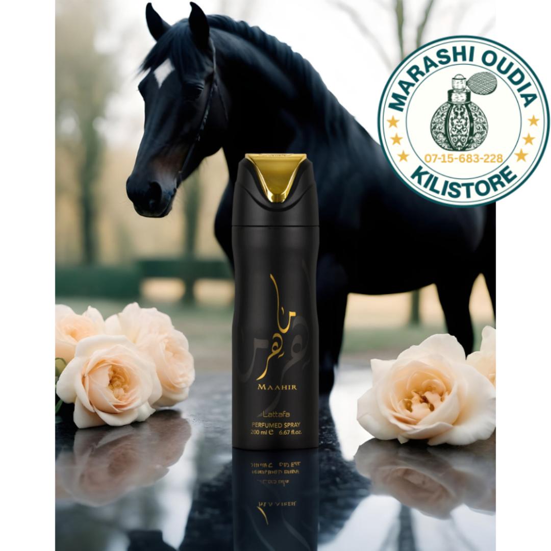 Maahir Black Body Spray. For Men. Body Deodorant Spray. Strong as a Horse. 10hrs Long Lasting. Clothes. Gift. Smoky Saffron Masculine Cologne Scent. Marashi Oudia