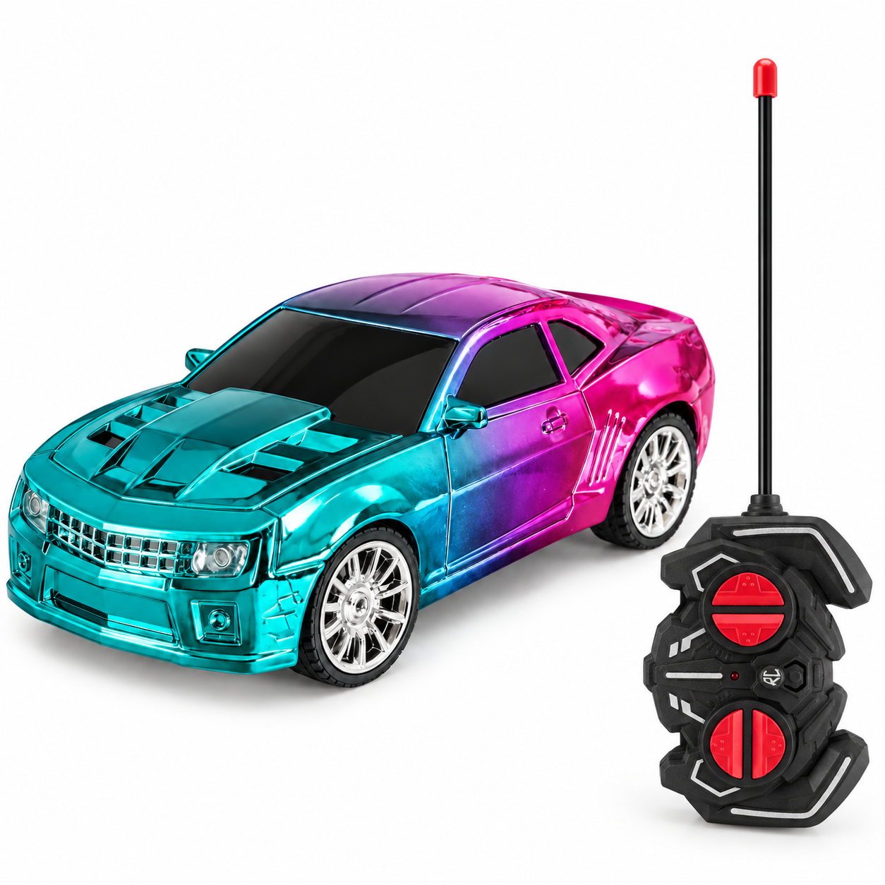 1:20 High-Speed RC Muscle Sports Car Toy with Wireless Remote Controller - Metallic Electroplated Chameleon Gradient Racing Car with LED Headlights for Kids & Boys (Cyan & Pink)