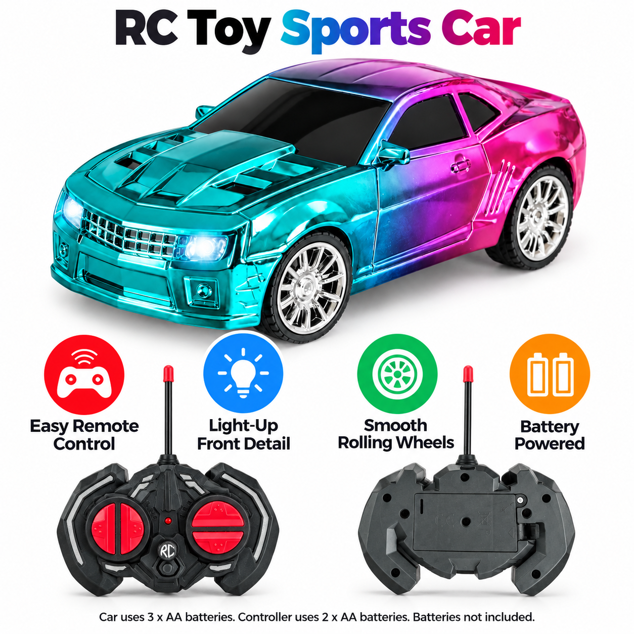 1:20 High-Speed RC Muscle Sports Car Toy with Wireless Remote Controller - Metallic Electroplated Chameleon Gradient Racing Car with LED Headlights for Kids & Boys (Cyan & Pink)
