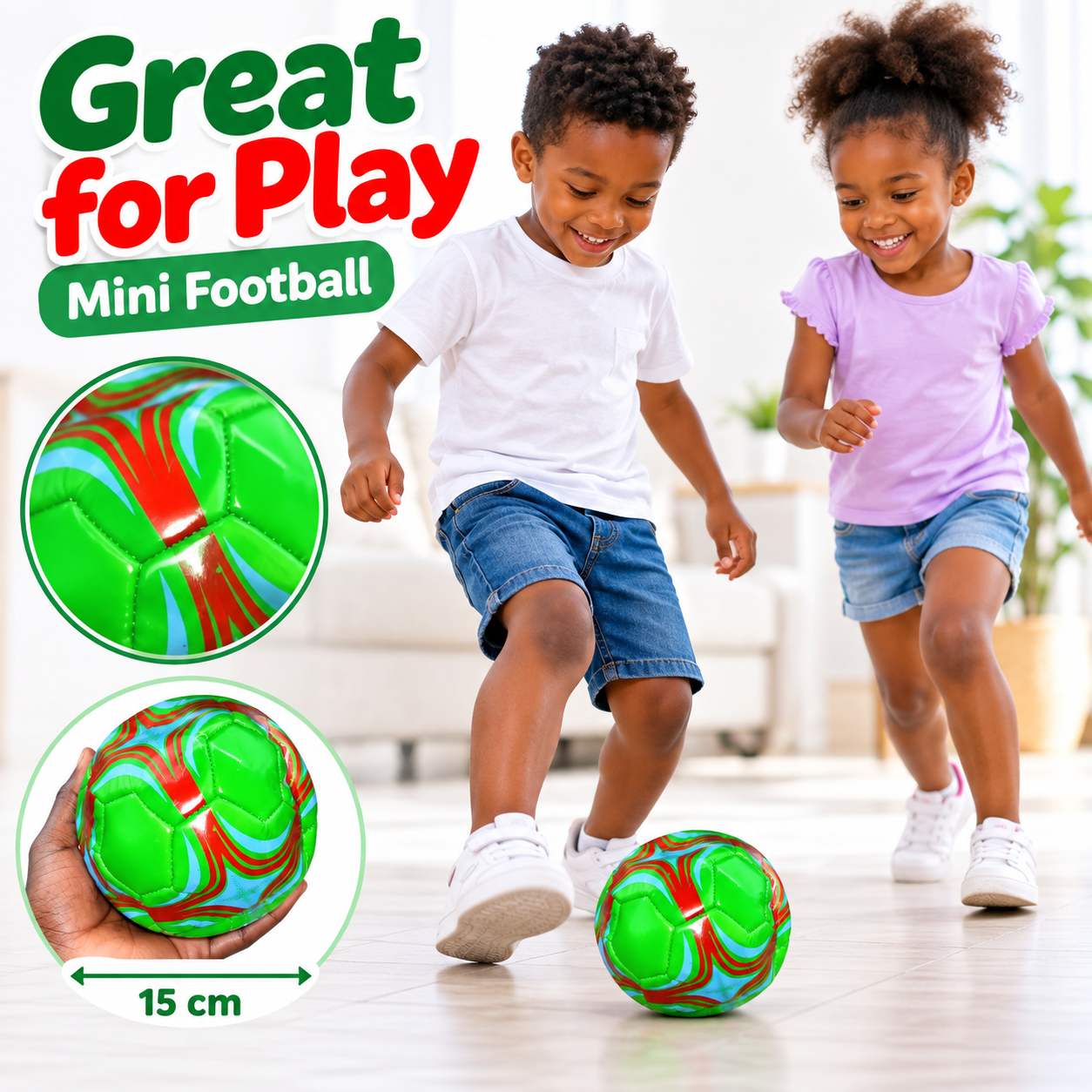Mini Size 2 Kids Football (15cm Diameter) - High-Visibility Glossy Toddler Training Soccer Ball for Indoor, Outdoor, Garden & Skill Play (Neon Green with Red & Cyan Graphics)