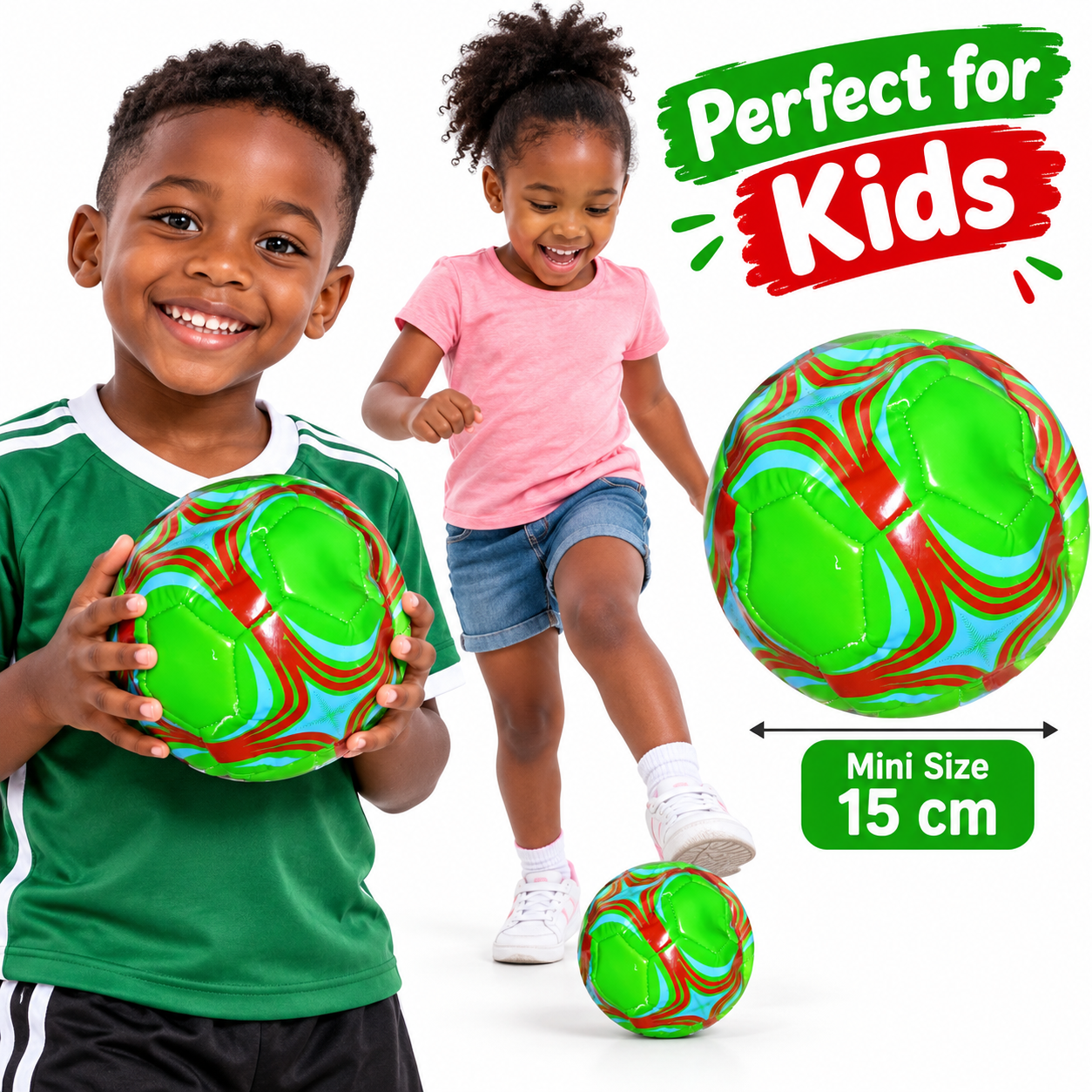 Mini Size 2 Kids Football (15cm Diameter) - High-Visibility Glossy Toddler Training Soccer Ball for Indoor, Outdoor, Garden & Skill Play (Neon Green with Red & Cyan Graphics)