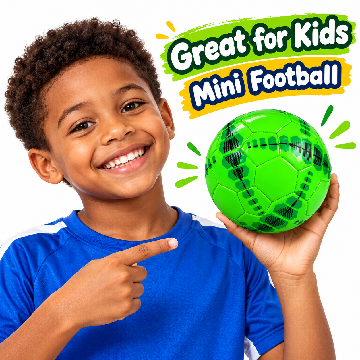 Mini Size 2 Kids Football (15cm Diameter) - High-Visibility Glossy Toddler Training Soccer Ball for Indoor, Outdoor, Garden & Skill Play (Neon Green with Red & Cyan Graphics)