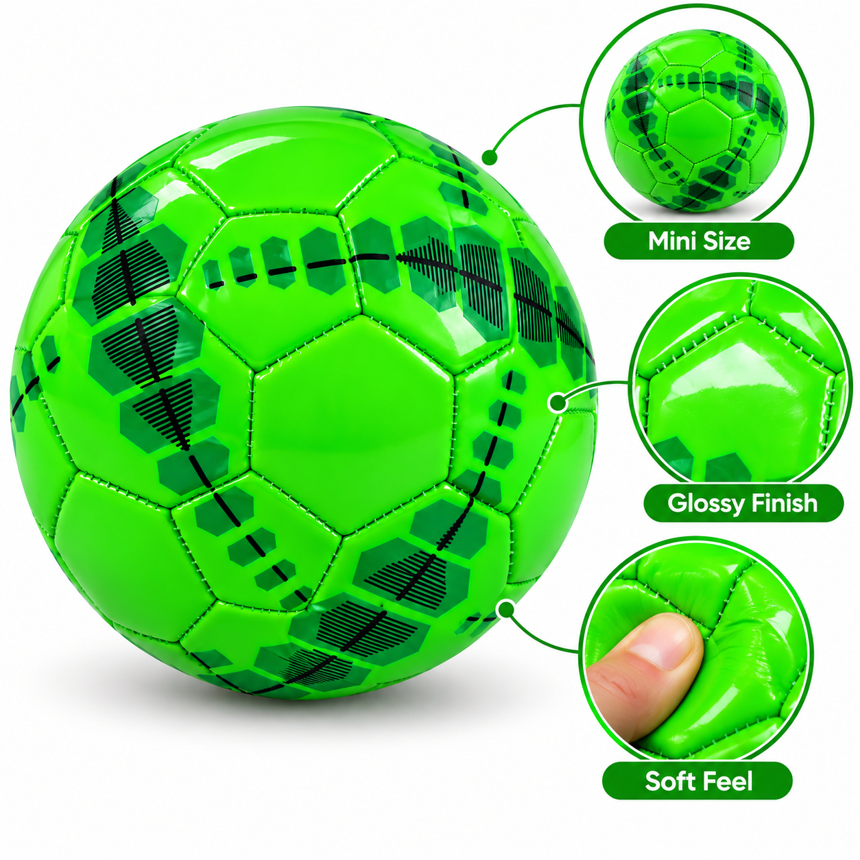 Mini Size 2 Kids Football (15cm Diameter) - High-Visibility Glossy Toddler Training Soccer Ball for Indoor, Outdoor, Garden & Skill Play (Neon Green with Red & Cyan Graphics)