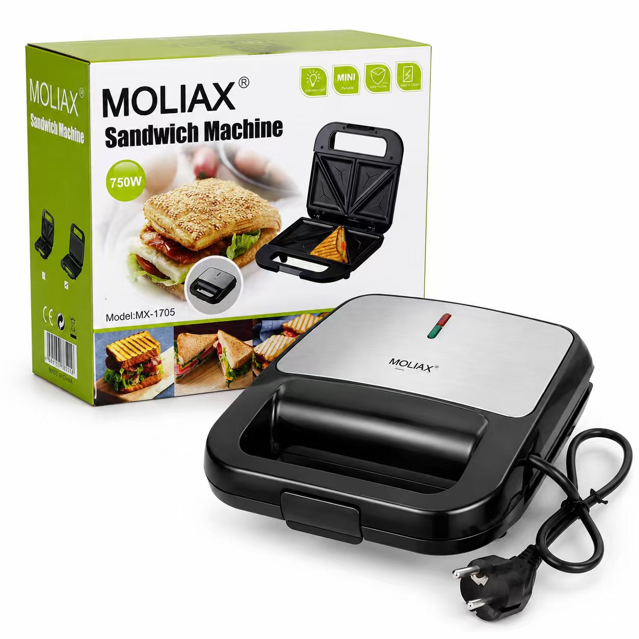 MOLIAX 750W Electric Panini Press Sandwich Maker - Non-Stick Ribbed Grill Toaster with Stainless Steel Top & Indicator Lights (MX-1705)