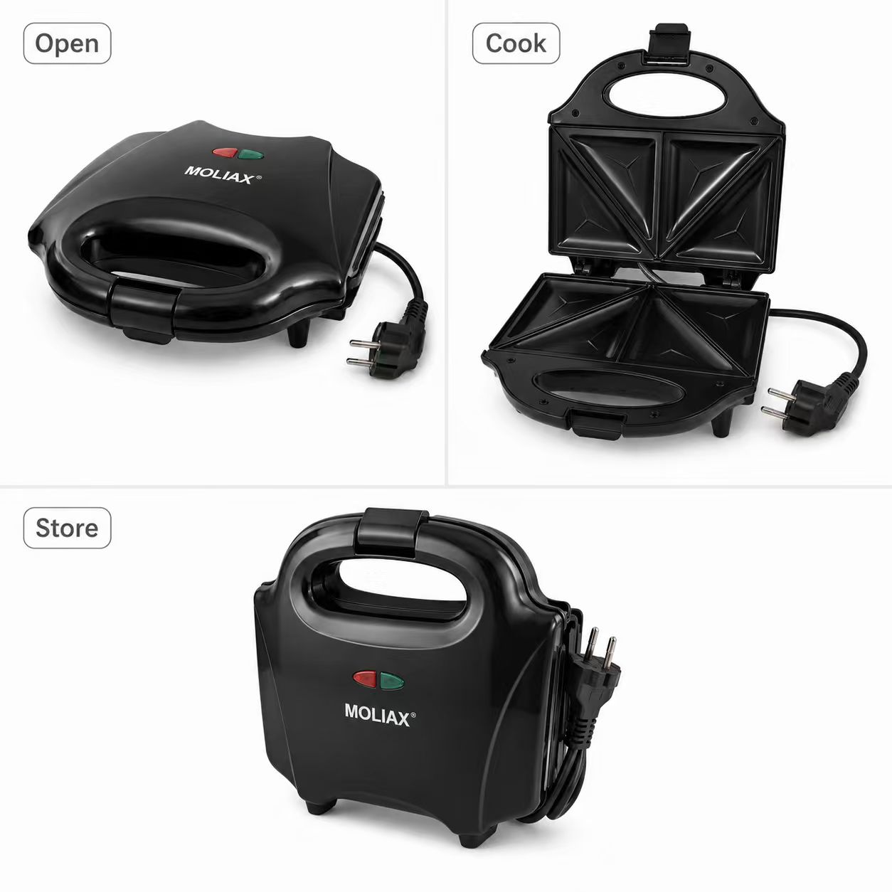 MOLIAX 750W Electric Sandwich Maker Toaster - 2-Slice Non-Stick Triangle Toastie Press Machine with Indicator Lights & Cool-Touch Handle