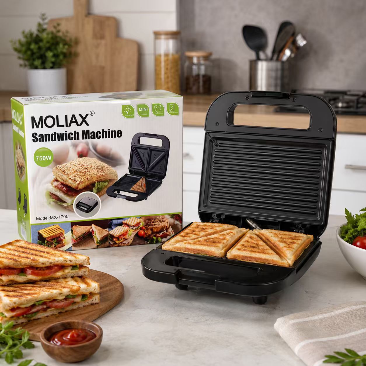 MOLIAX 750W Electric Panini Press Sandwich Maker - Non-Stick Ribbed Grill Toaster with Stainless Steel Top & Indicator Lights (MX-1705)