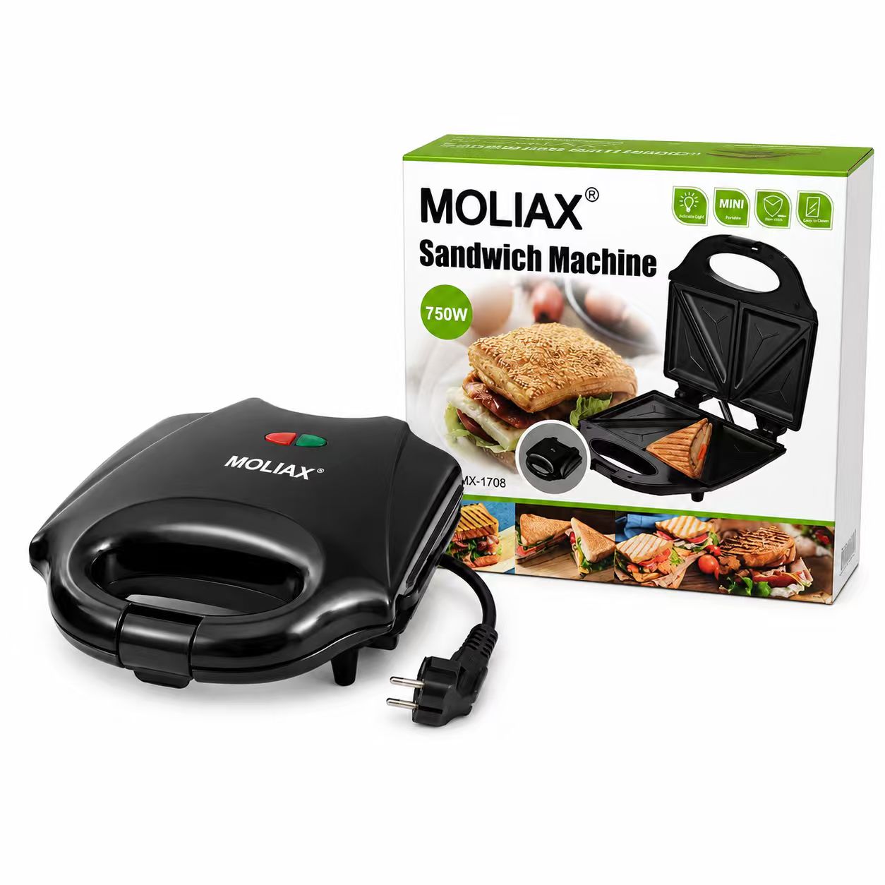 MOLIAX 750W Electric Sandwich Maker Toaster - 2-Slice Non-Stick Triangle Toastie Press Machine with Indicator Lights & Cool-Touch Handle