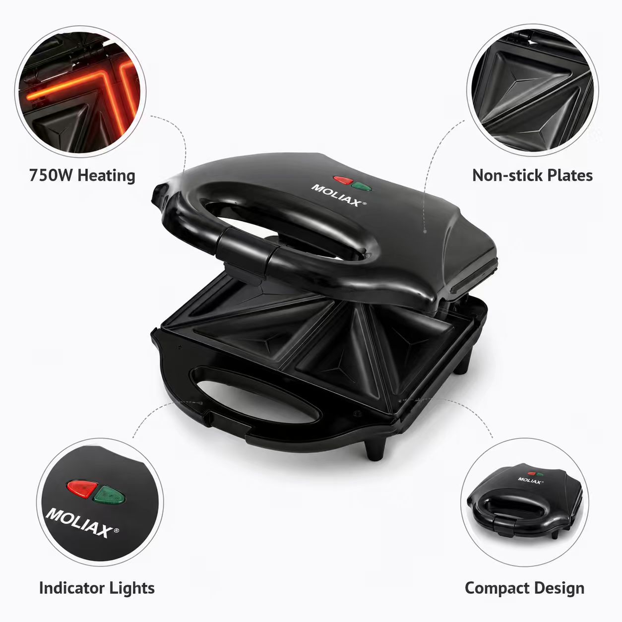 MOLIAX 750W Electric Sandwich Maker Toaster - 2-Slice Non-Stick Triangle Toastie Press Machine with Indicator Lights & Cool-Touch Handle