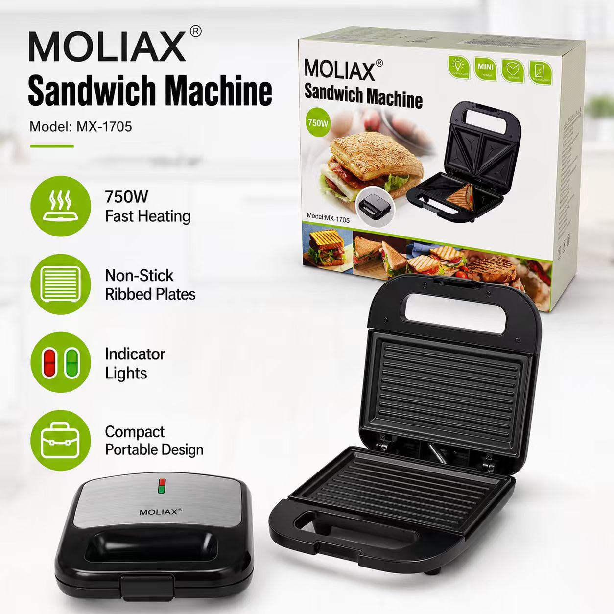 MOLIAX 750W Electric Panini Press Sandwich Maker - Non-Stick Ribbed Grill Toaster with Stainless Steel Top & Indicator Lights (MX-1705)